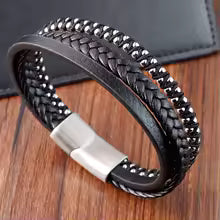 Bracelet en cuir pour homme  Motif infini et acier inoxydable
