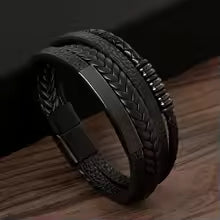 Bracelet en Cuir Homme - Jonc Tressé Multicouche et Fermoir Magnétique