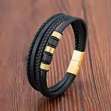 Bracelet en Cuir Homme - Jonc Tressé Multicouche et Fermoir Magnétique