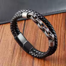 Bracelet en cuir pour homme  Motif infini et acier inoxydable