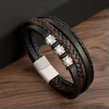 Bracelet en Cuir Homme - Jonc Tressé Multicouche et Fermoir Magnétique