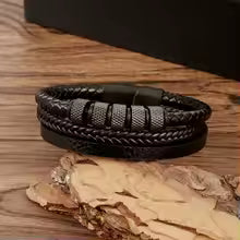Bracelet en Cuir Homme - Jonc Tressé Multicouche et Fermoir Magnétique