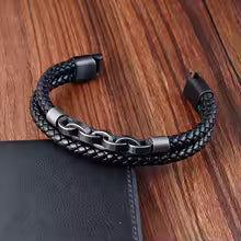 Bracelet en cuir pour homme  Motif infini et acier inoxydable