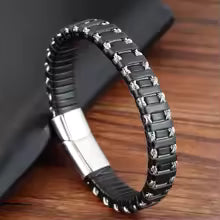 Bracelet en cuir pour homme  Motif infini et acier inoxydable