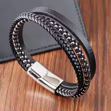 Bracelet en cuir pour homme  Motif infini et acier inoxydable